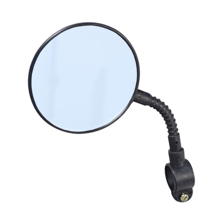 Flexible Handlebar Mount Rearview Mirror with a round reflective surface and a black gooseneck rod, designed for easy installation on various vehicle handlebars.