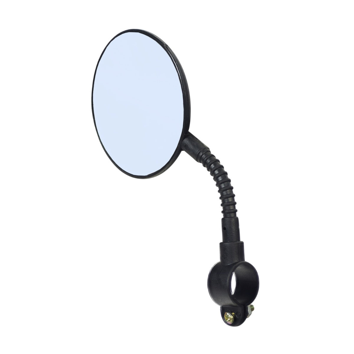 Flexible Handlebar Mount Rearview Mirror featuring a round mirror with a black frame and flexible gooseneck rod, designed for easy attachment to 7/8 handlebars, ideal for scooters, bikes, and ATVs.