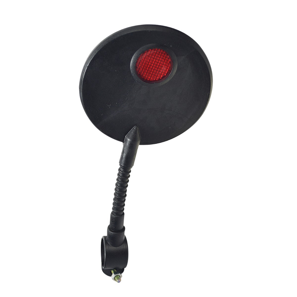 Flexible Handlebar Mount Rearview Mirror shown with a black round frame, red reflector, and a flexible gooseneck rod for adjustable positioning.