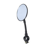 Flexible Handlebar Mount Rearview Mirror with black handle, clamp-on holder, and adjustable gooseneck rod, suitable for scooters, electric bicycles, and ATVs.