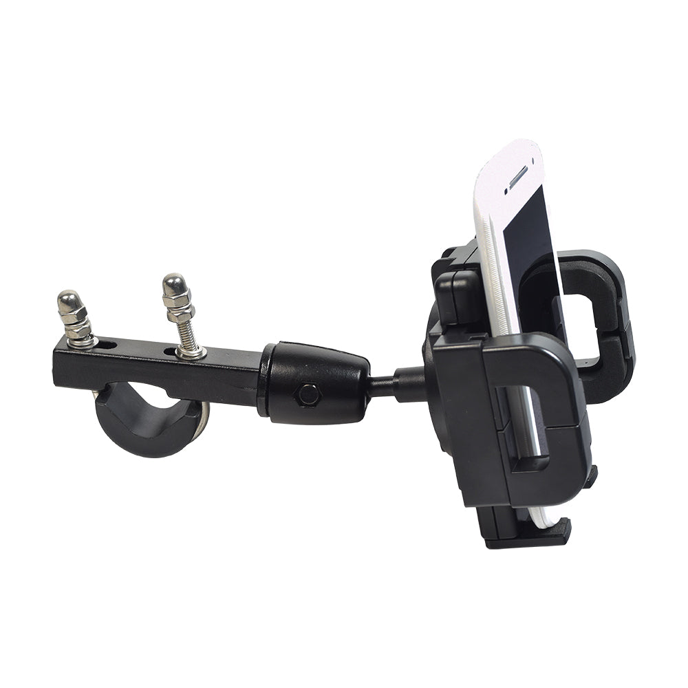 Universal Grip Smartphone Holder for Mobility Scooters, Power Chairs, & Wheelchairs, featuring a black adjustable clamp securing a phone, mounted on a scooter handlebar.