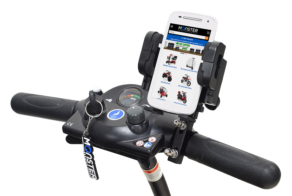 Universal Grip Smartphone Holder for Mobility Scooters, Power Chairs, & Wheelchairs mounted on a bicycle handlebar, securely holding a phone with a visible screen, showcasing the adjustable grip.