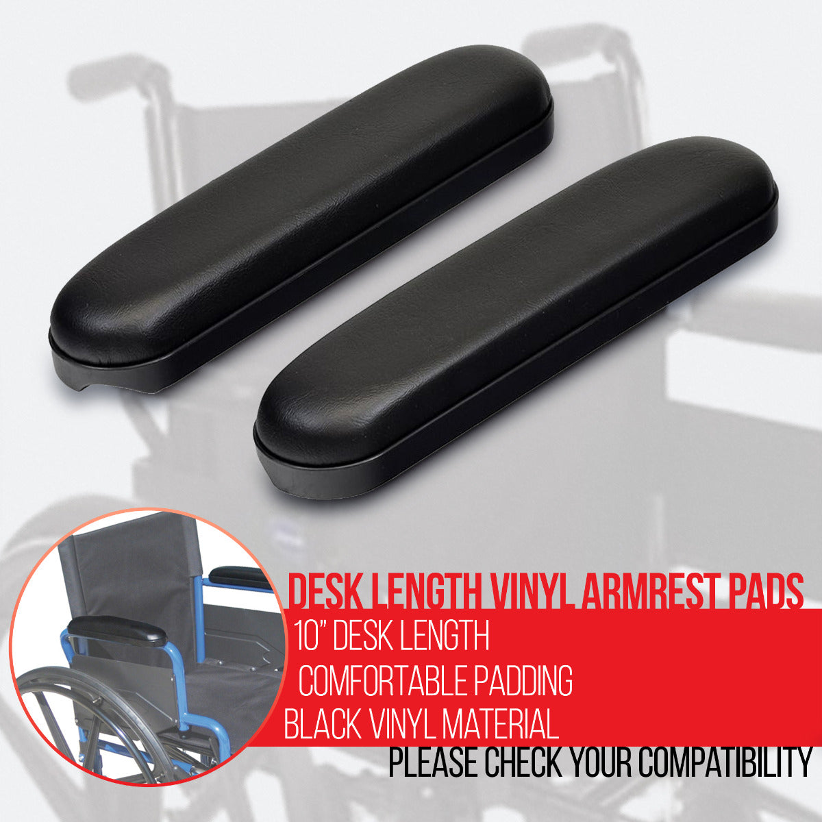 Desk Length Vinyl Armrest Pads for Drive Wheelchairs and Transport Chairs (Pair), black, designed for comfort and compatibility with several Drive wheelchair models.