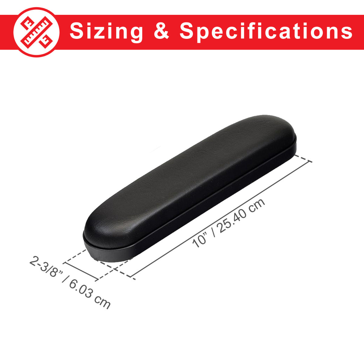 Black 10 Desk Length Padded Vinyl Armrest for Mobility Scooters (Set of 2), showing a black rectangular case with detailed measurements and mounting hole spacings, designed for potential replacement and compatibility with various scooter models.