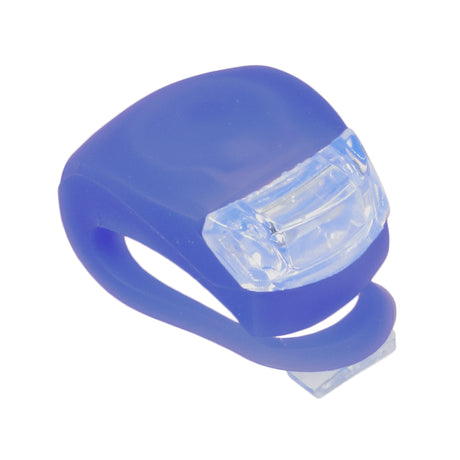 Waterproof LED Silicon Clip Light for Bikes & Scooters, featuring a blue LED light with a rubber ring for easy attachment to handlebars or frames. Ideal for visibility with three lighting modes.