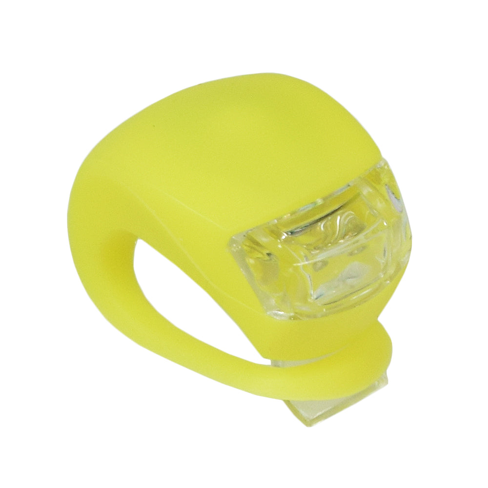 Waterproof LED Silicon Clip Light for Bikes & Scooters, featuring a yellow body with a clear plastic ring, designed for easy attachment with a strong silicone jaw.