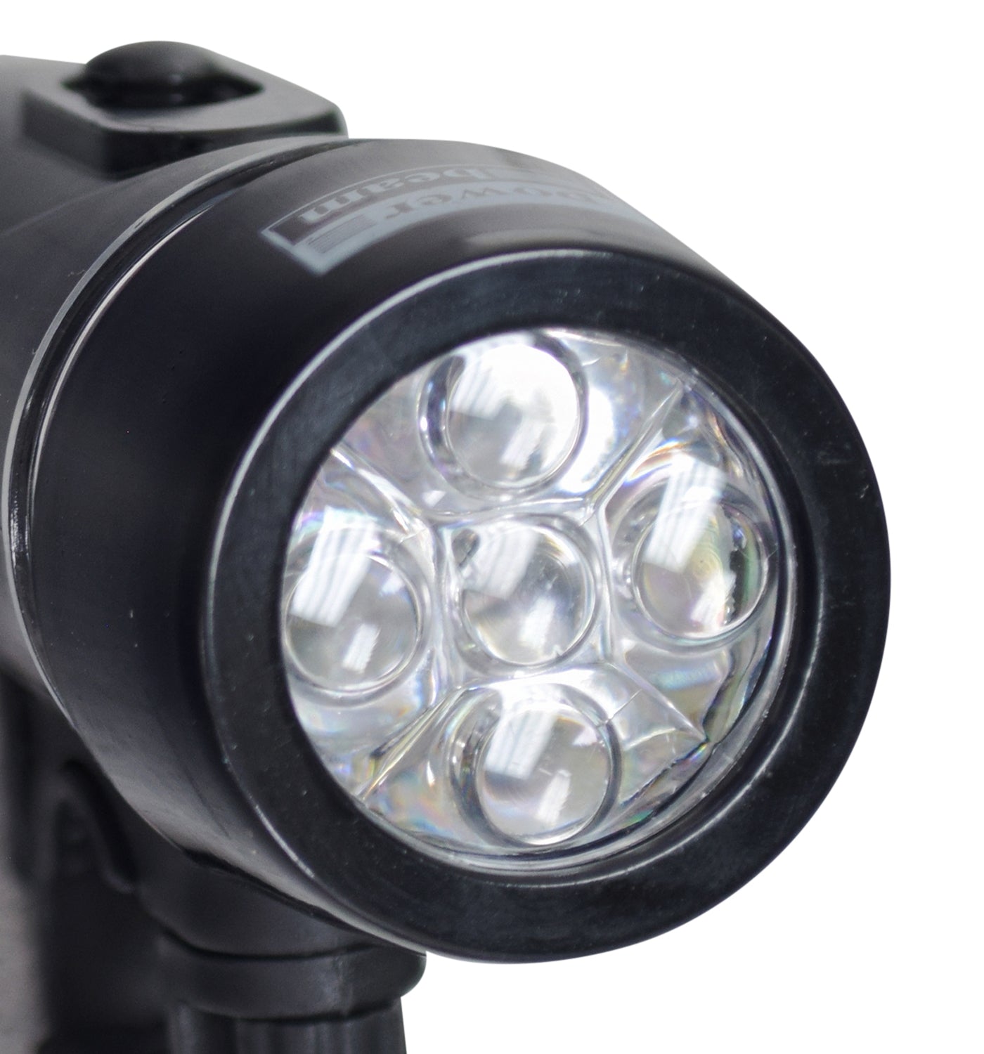 Handlebar Mount LED Bike & Scooter Flashlight shown in a close-up view, highlighting its compact design and light-focusing lens. The flashlight is weatherproof with a releasable bracket for easy mounting.