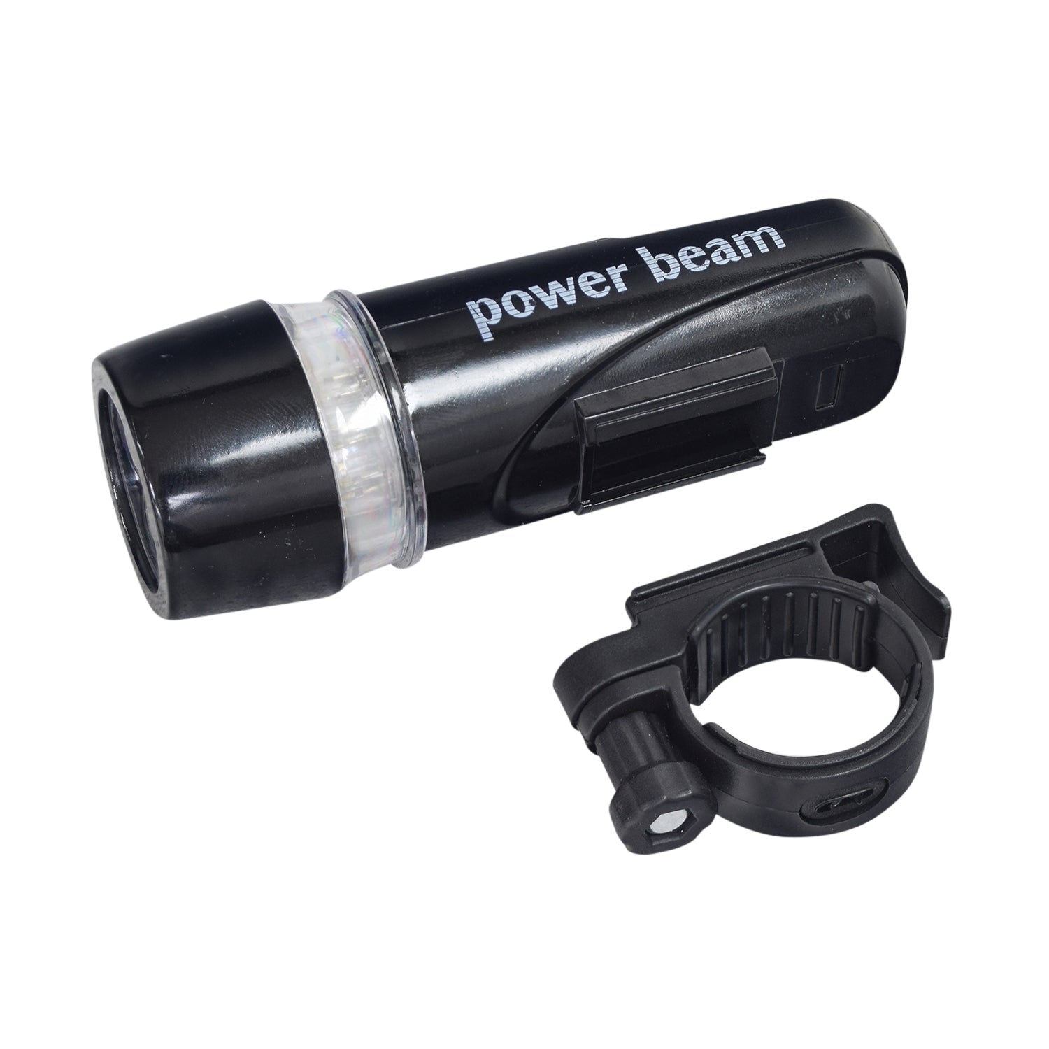 Handlebar Mount LED Bike & Scooter Flashlight - a black flashlight with a black handle, featuring a releasable bracket for easy mounting and removal. Ideal for continuous or flash mode illumination.