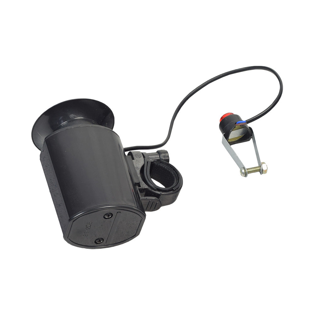 Electric Horn for Bikes & Scooters, featuring a compact black design with an attached wire, handlebar-mounted push button, and a red light indicator for activation. Perfect for enhancing bike safety.