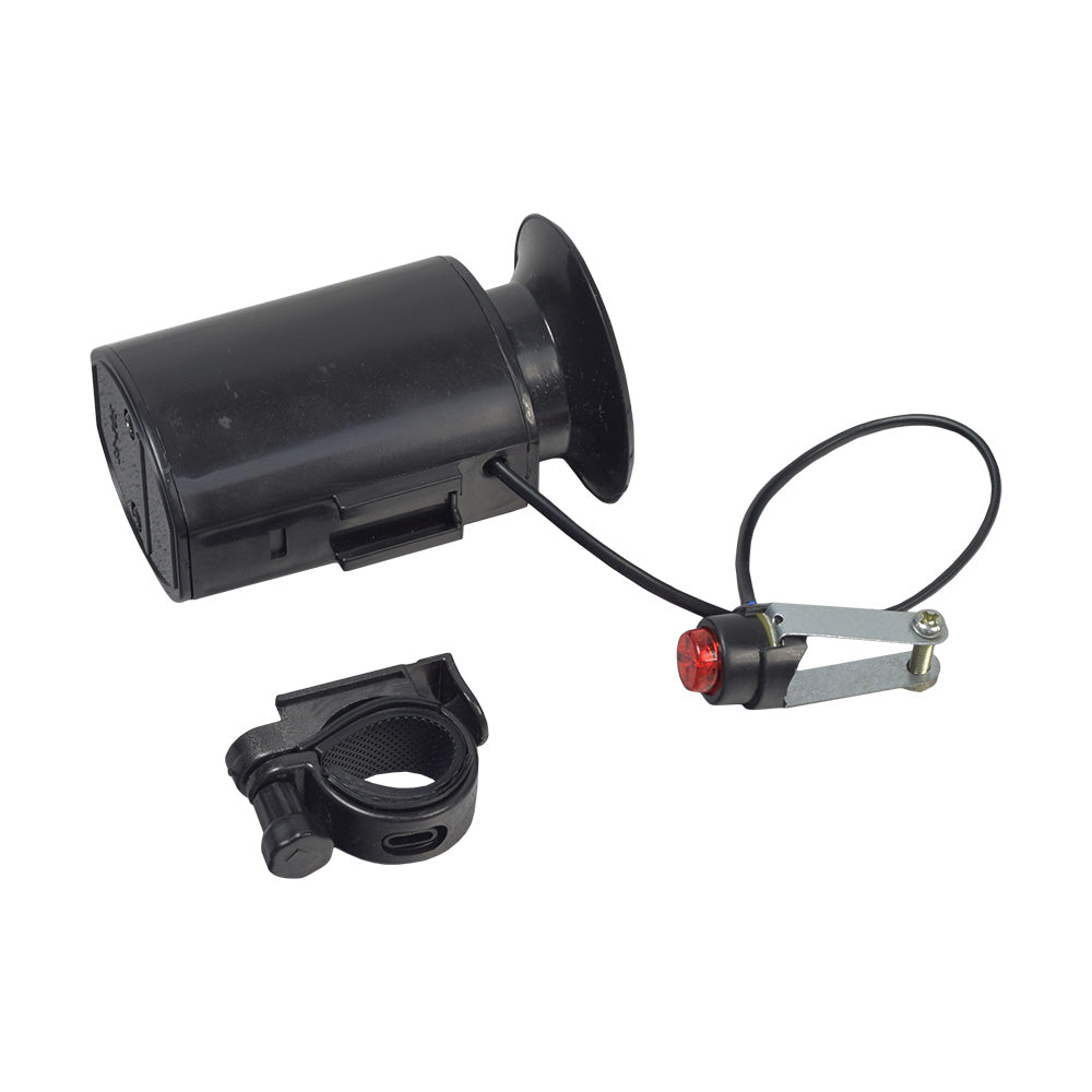 Electric Horn for Bikes & Scooters, featuring a compact black design with a prominent red light and attached cable, ideal for mounting on handlebars or seat posts for enhanced security and attention.