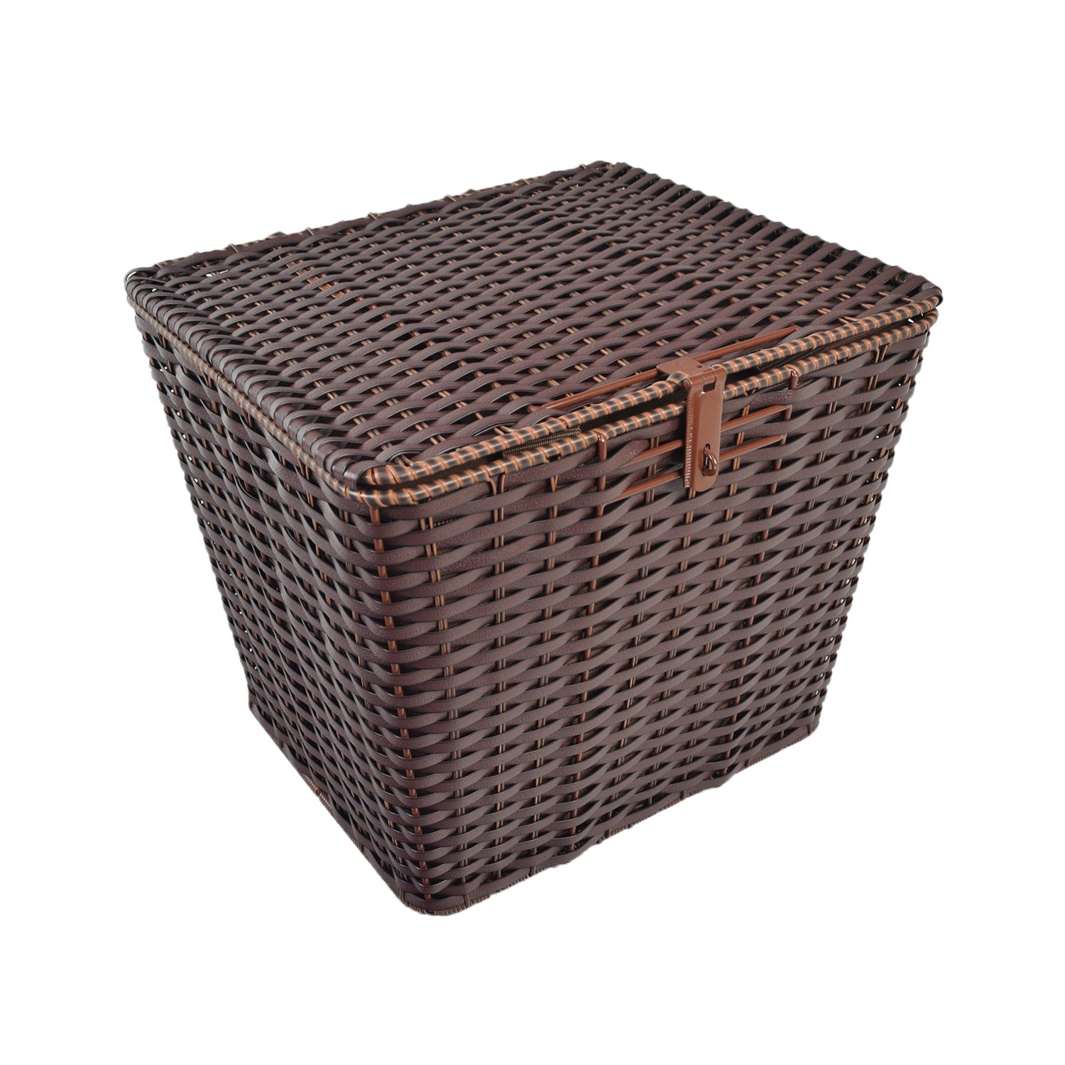 Rear Accessory Scooter Basket with Liner: a wicker basket with a metal lid and handle, featuring an inner water-resistant removable liner for secure storage on scooter rear platforms.