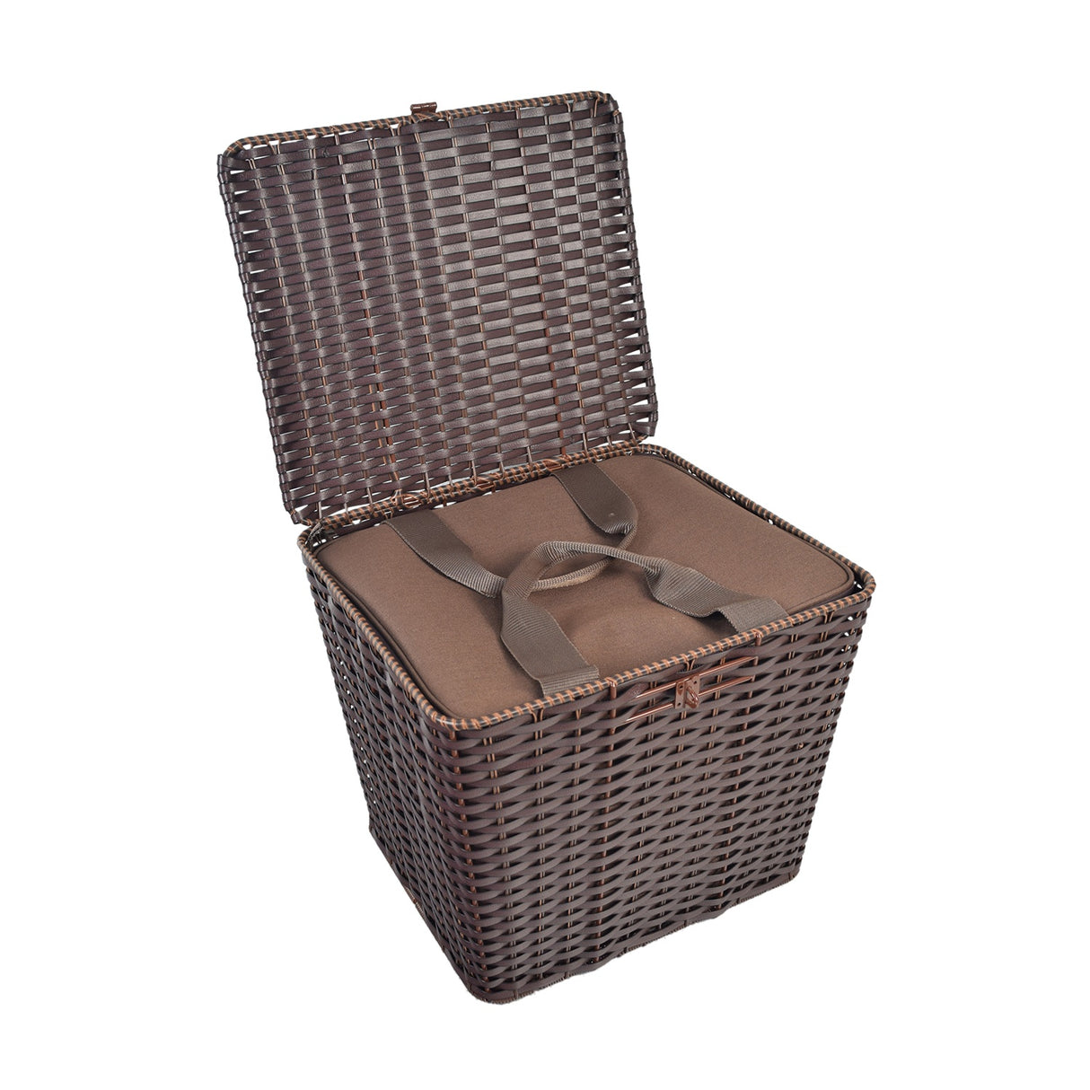 Rear Accessory Scooter Basket with Liner, featuring a woven wicker design with a lid and brown straps, ideal for storage and protection on a scooter's rear platform.