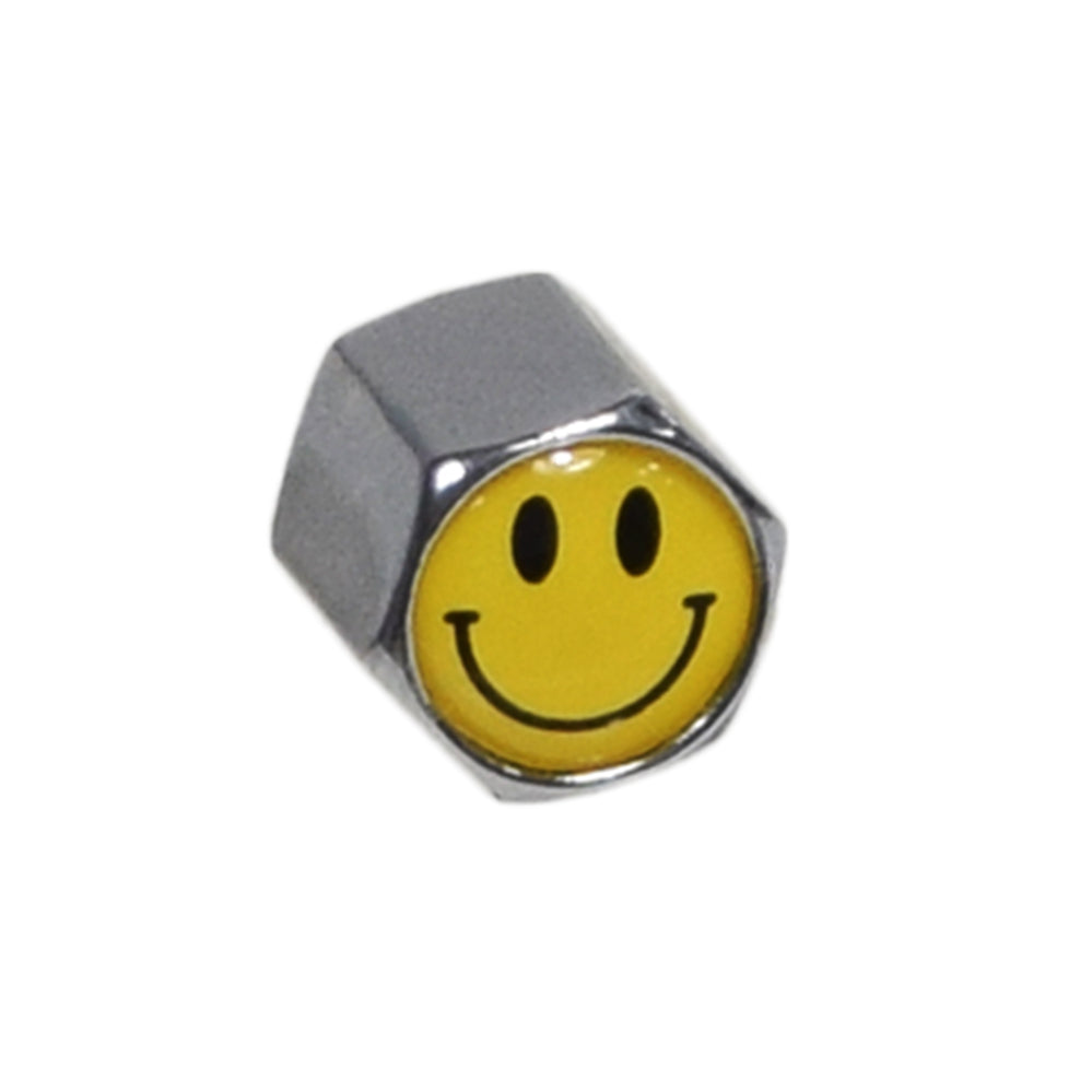 Mister Smiley Chrome Valve Stem Cap: A hexagonal chrome cap with a smiley face on a yellow top, designed to replace standard valve stem caps on bikes or scooters.