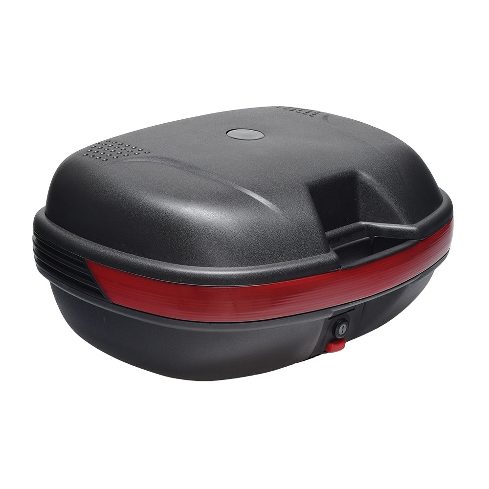 Universal Dual Sport Top Case Scooter Trunk, a black box with a red stripe, perfect for securely storing helmets, jackets, and more on scooters with a rear cargo platform.