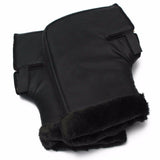 Hand Mitts for Snowmobiles on handlebars, resembling black gloves, designed to keep hands warm with a pile-lined interior and hook & loop closures.