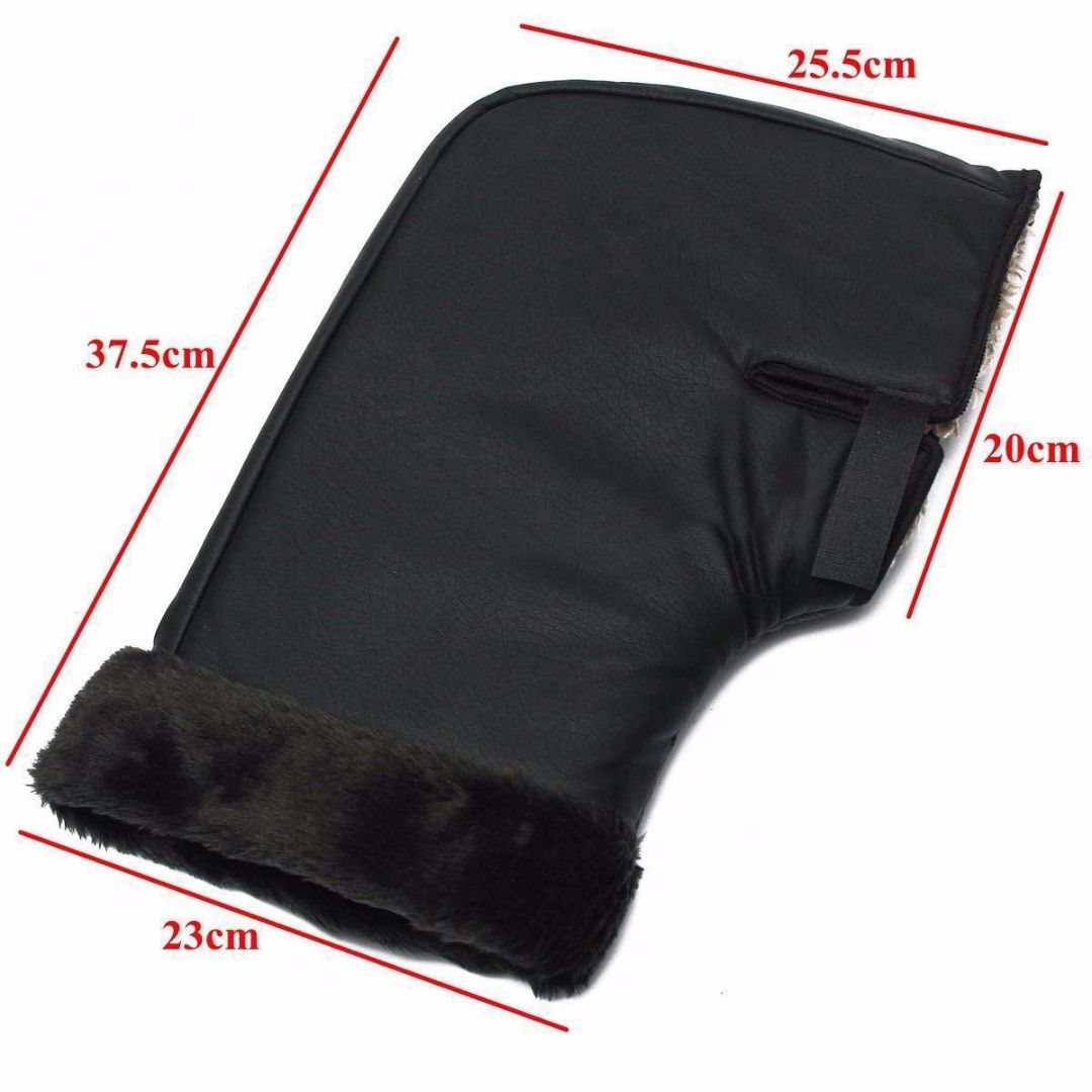 Deluxe Hand Mittens for Scooters, ATVs, & Bikes: A pair of black gloves with fur lining designed to fit over handlebars, featuring hook & loop closure and a tie string for secure attachment.