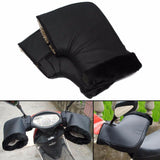 Deluxe Hand Mittens for Scooters, ATVs, & Bikes attached to handlebars, featuring warm, pile-lined interiors and hook & loop closures, designed to keep hands toasty while riding in cold weather.