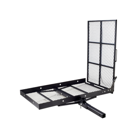 500 lb. Capacity Steel Scooter & Power Chair Carrier & Ramp (Blemished) featuring a black metal frame with a grid, designed for easy loading and transporting of scooters and power chairs.