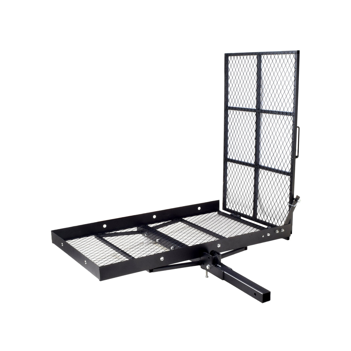 500 lb. Capacity Steel Scooter & Power Chair Carrier with Ramp featuring a black metal frame with a grid design, suitable for easy loading and transporting power chairs or scooters.