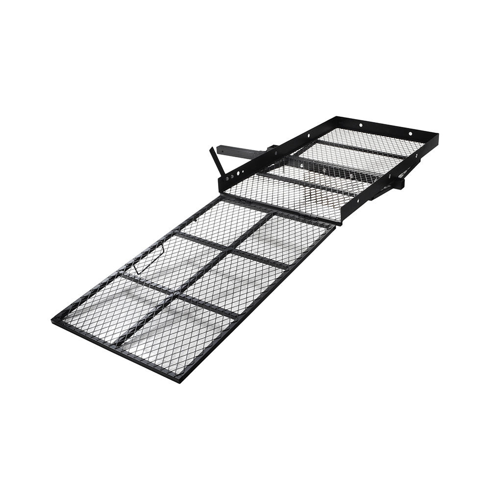 500 lb. Capacity Steel Scooter & Power Chair Carrier with Ramp featuring a metal mesh platform and a foldable ramp designed for easy loading, unloading, and transporting scooters or power chairs.