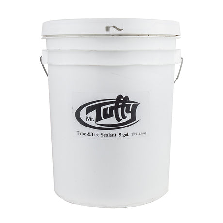 Mr. Tuffy Tire and Tube Sealant - 5 Gallon Bucket: A white bucket featuring a black logo, designed to prevent tire punctures and ensure long-lasting performance.