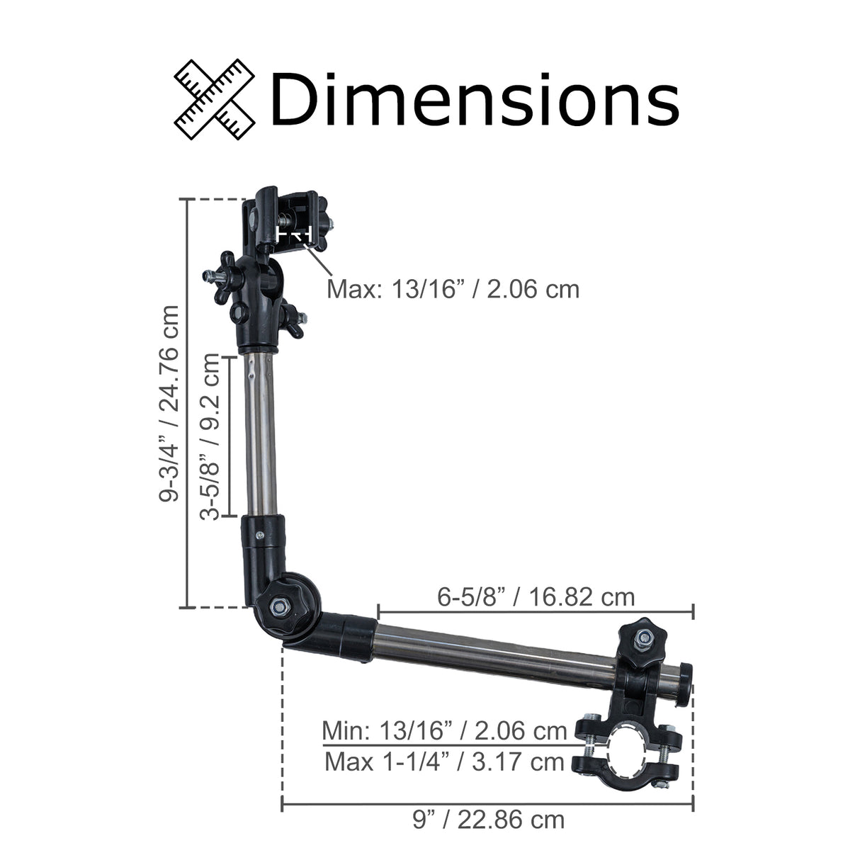 Universal Grip Umbrella Holder for Mobility Scooters, Power Chairs, & Wheelchairs, featuring a metal tube with a black handle and adjustable joints, mounted via a base clamp for flexible positioning.