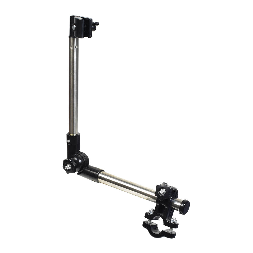 Universal Grip Umbrella Holder for Mobility Scooters, Power Chairs, & Wheelchairs; features a black and silver adjustable arm with clamp and screws, designed for flexible positioning and secure attachment.