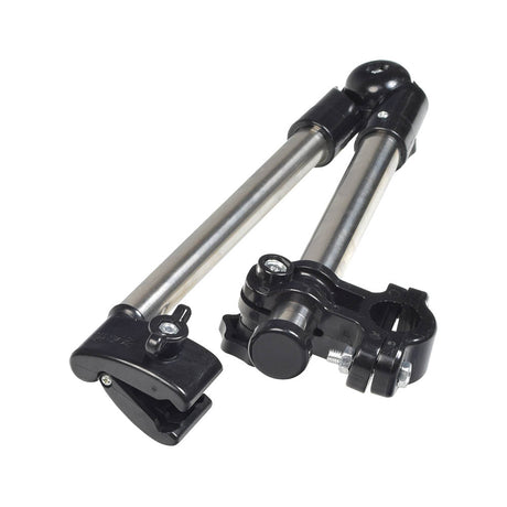 Universal Grip Umbrella Holder for Mobility Scooters, Power Chairs, & Wheelchairs, featuring adjustable metal poles and a black clamp for secure attachment and flexible positioning of an umbrella.