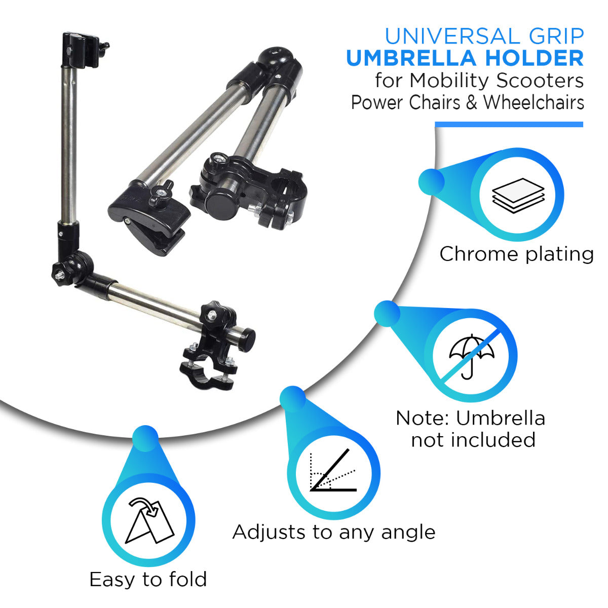 Universal Grip Umbrella Holder for Mobility Scooters, Power Chairs, & Wheelchairs, featuring a black and silver design, flexible arm, and adjustable stem, attached to a mobility device for weather protection.