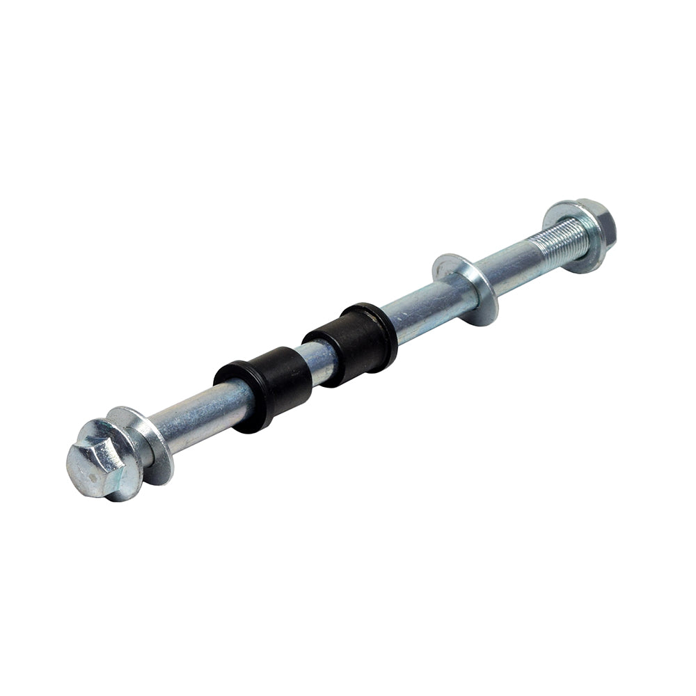 Front Axle Bolt, Spacers, and Lock Nut for Razor MX500, MX650, & SX500 McGrath Dirt Rocket, showing a metal rod with black rubber rings, essential for dirt bike maintenance.