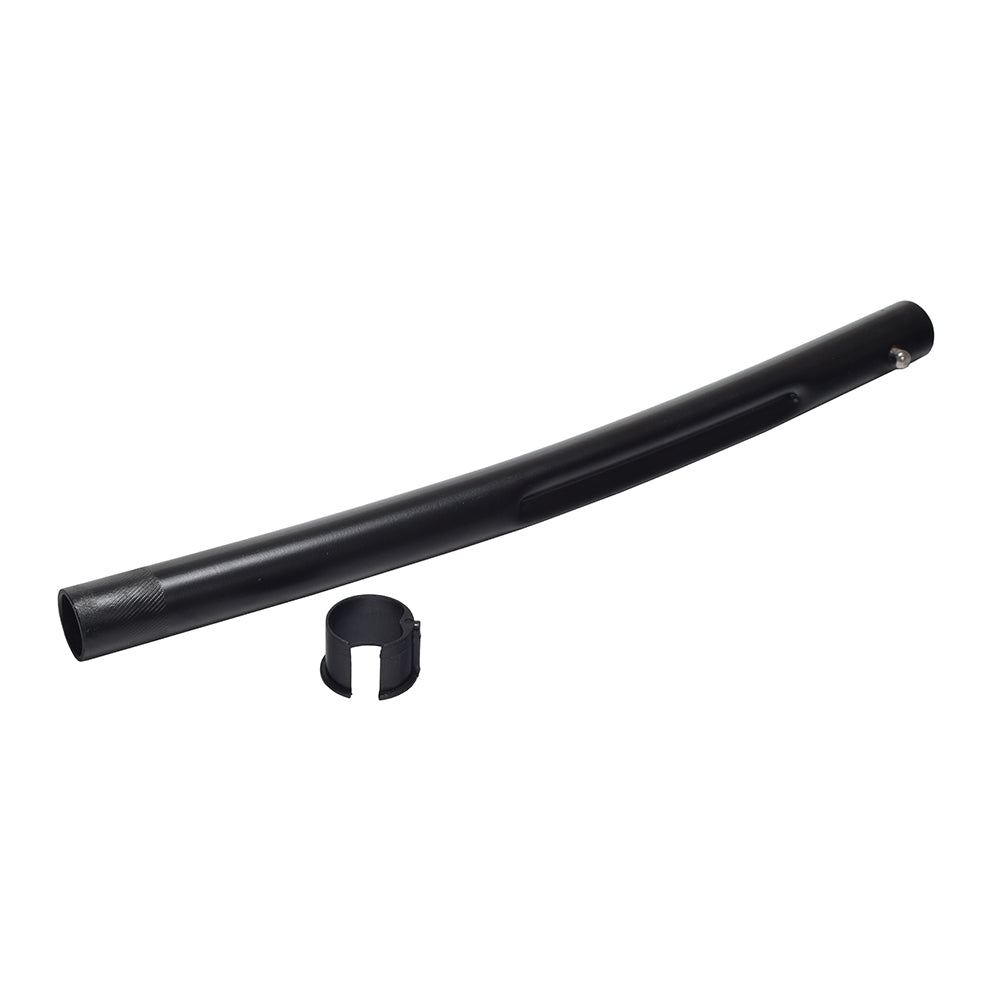 Upper Steering Tube for the Motovox MVS10, shown as a black metallic tube with a visible white label, designed to provide stability for safe maneuvering of the recreational scooter.