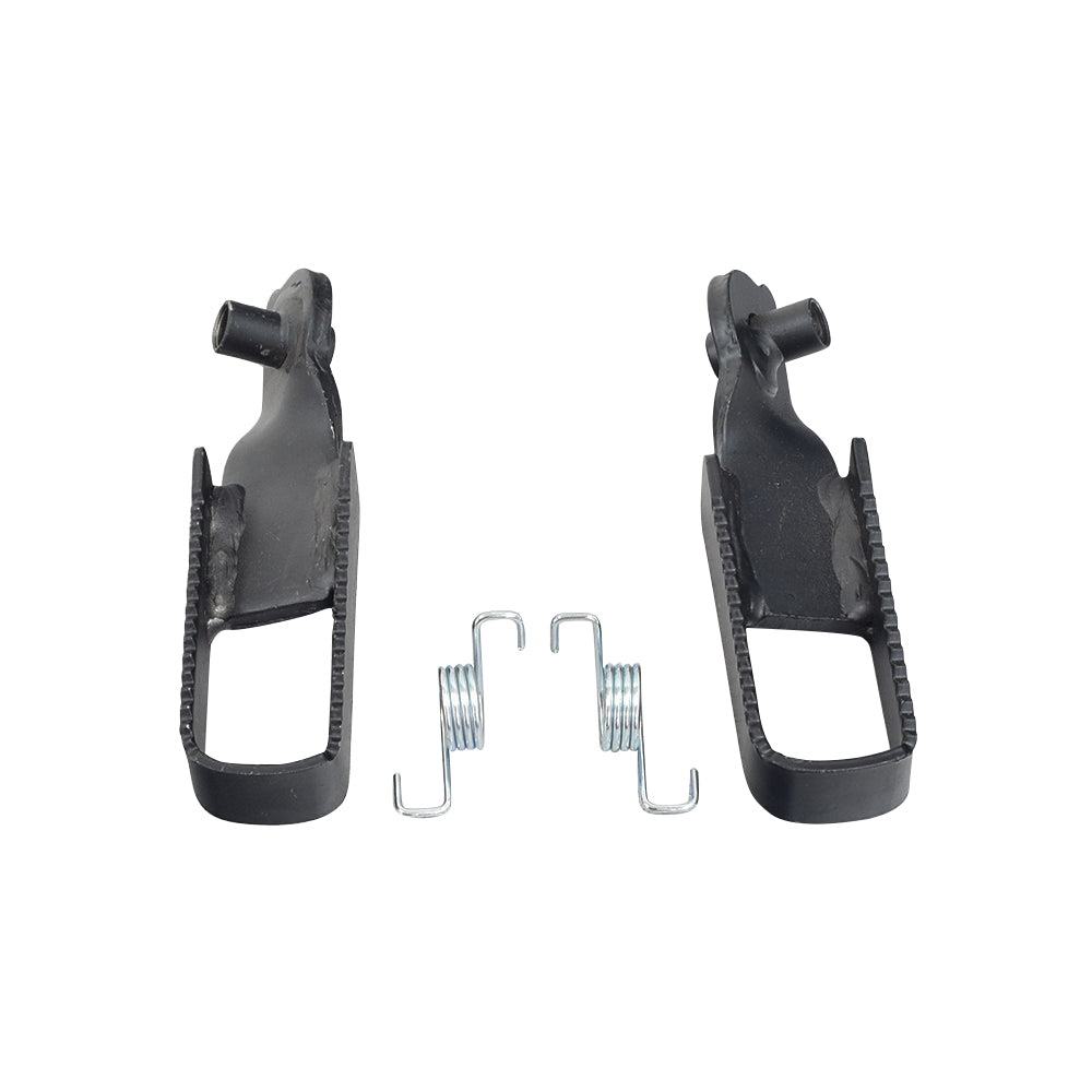 Footrest Pegs for the Motovox MBX10 & MBX11 Mini Bikes (Set of 2) featuring black metal construction with included left and right oriented springs for quick installation.