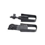 Footrest Pegs for the Motovox MBX10 & MBX11 Mini Bikes (Set of 2) – A pair of robust black metal clamps, designed for easy installation, enhancing bike aesthetics and functionality.