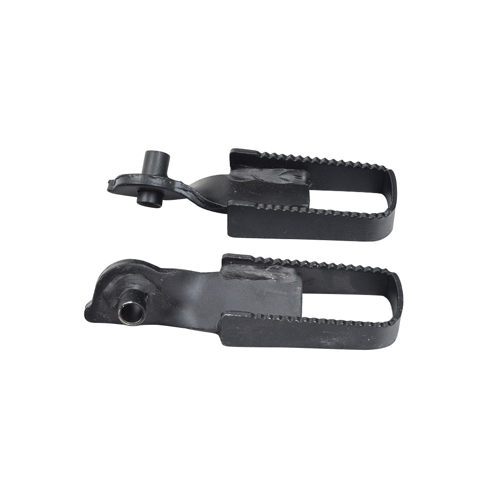 Footrest Pegs for the Coleman RB100 105cc Mini Bike (Set of 2) shown close up, highlighting the pair of black metal clamps with curved ends designed for quick and easy installation.