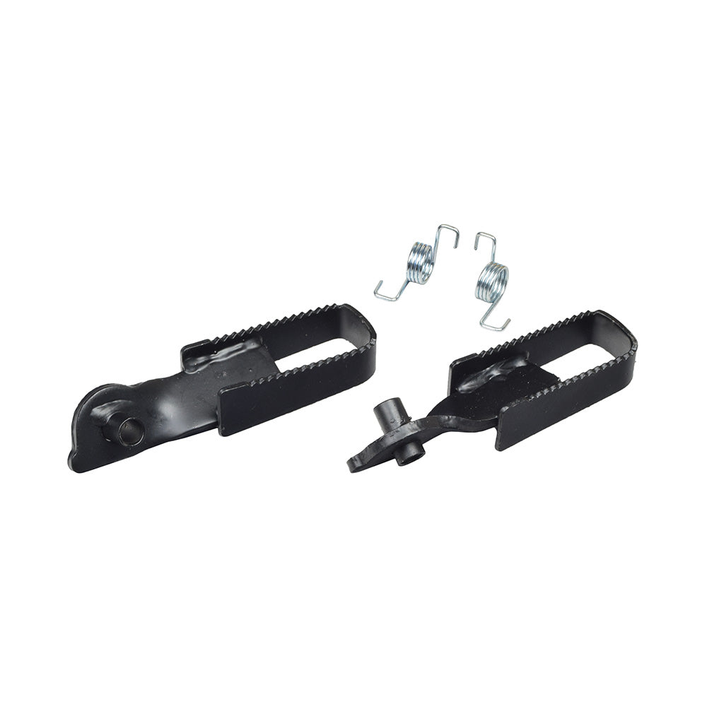 Footrest Pegs for the Monster Moto / Mega Moto Classic 105cc, MM-B80 80cc, & 1000w (MM-E1000) Mini Bikes (Set of 2), featuring black metal clips and springs for easy installation.