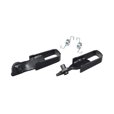 Footrest Pegs for the Motovox MBX10 & MBX11 Mini Bikes (Set of 2) shown with black metal clips and springs, designed for easy installation and enhanced riding comfort.