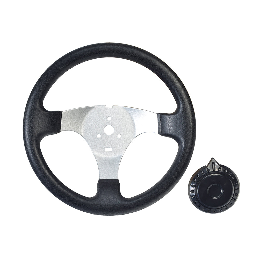 Go-Kart Steering Wheel with Cap for Kandi, Hammerhead, Roketa, & Taotao Go-Karts & Dune Buggies: A black, circular steering wheel with a central cap, ideal for multiple go-kart models.