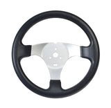 Go-Kart Steering Wheel without Cap for Kandi Go-Karts (Blemished) featuring a black and silver design, lacking the black plastic cap that covers the mounting bolt. Ideal for various go-kart models.