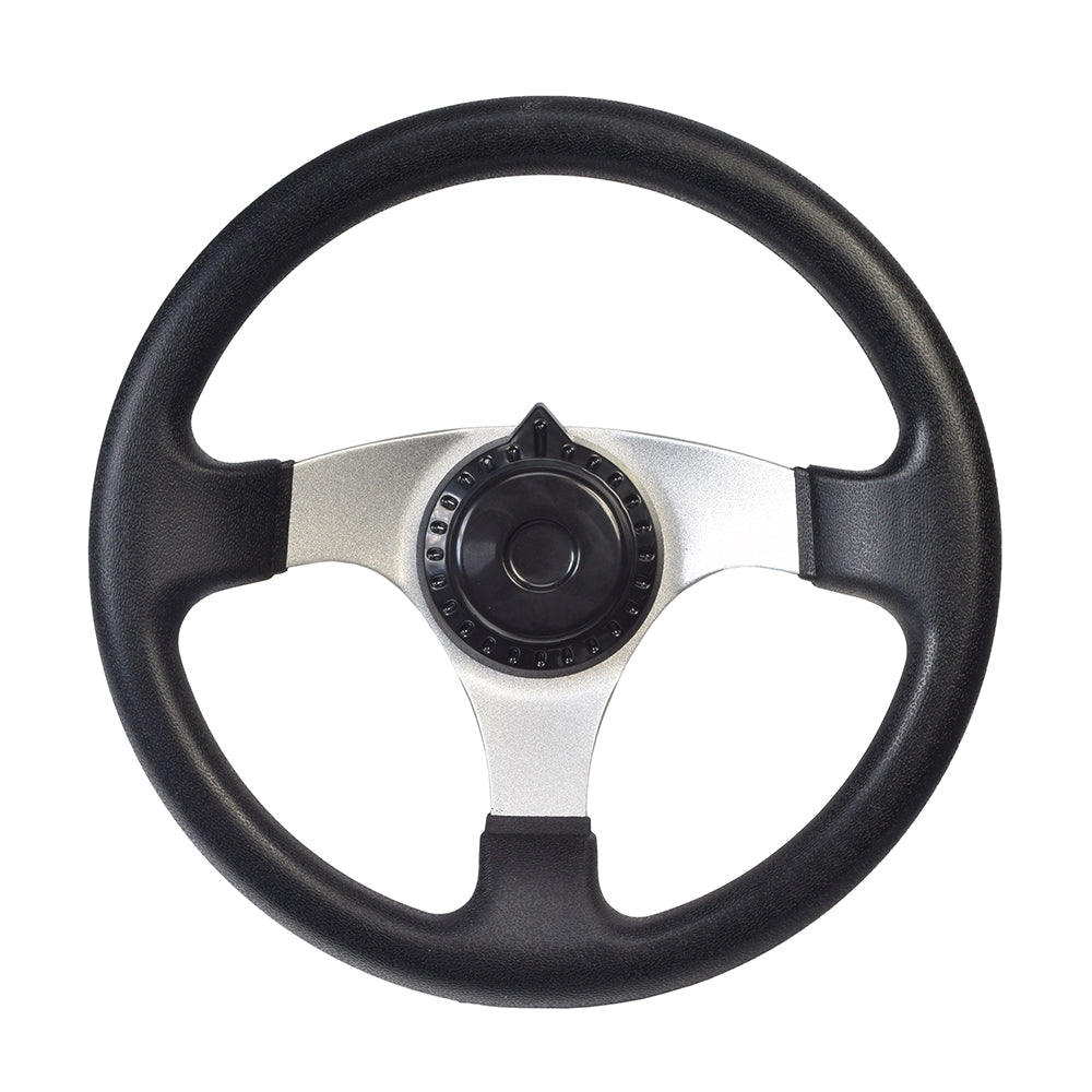 Go-Kart Steering Wheel with Cap for Kandi, Hammerhead, Roketa, & Taotao Go-Karts & Dune Buggies, featuring a sleek black and silver design, suitable for various go-kart models.