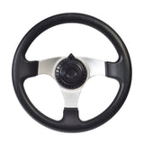 Steering Wheel for the Kandi KD-49FM5/49FM5E & KD-110GKG-2 Go-Karts, featuring a sleek black and silver design, suitable for various go-kart models including 90cc to 250cc from multiple brands.