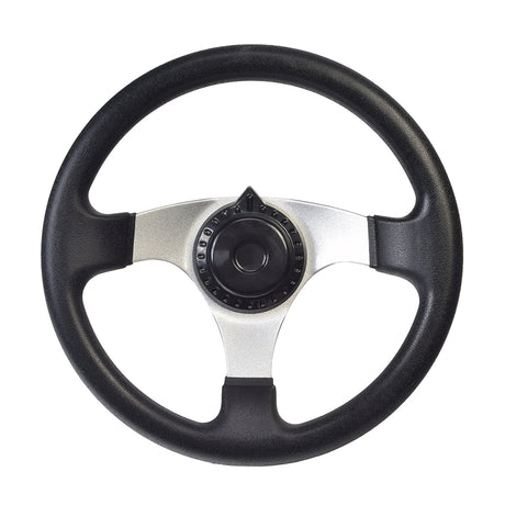 Steering Wheel for the Kandi KD-49FM5/49FM5E & KD-110GKG-2 Go-Karts, featuring a sleek black and silver design, suitable for various go-kart models including 90cc to 250cc from multiple brands.