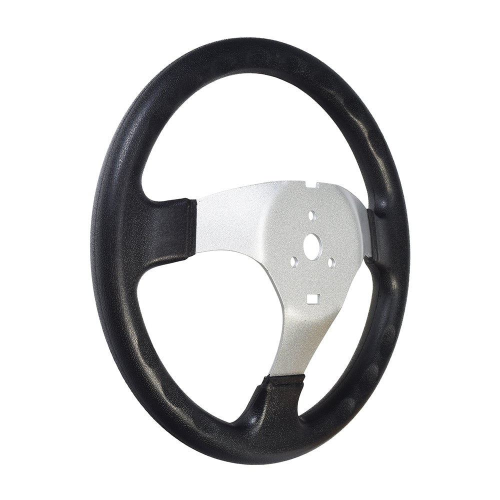 Go-Kart Steering Wheel with Cap for Kandi, Hammerhead, Roketa, & Taotao go-karts and dune buggies; features a sleek black and silver design, ideal for replacing old steering wheels on various go-kart models.