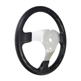 Steering Wheel for the Kandi KD-49FM5/49FM5E & KD-110GKG-2 Go-Karts, featuring a sleek black and silver design, suitable for various go-kart models from Hammerhead, Roketa, TaoTao, JCL, and SUNL.