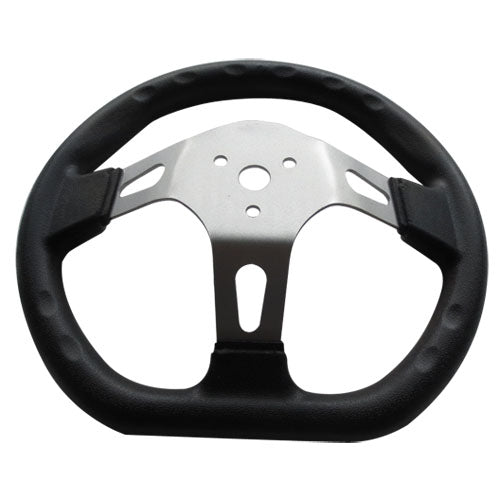 Go-Kart Steering Wheel with Cap & Flat Side for Kandi Go-Karts, featuring black leather trim, silver metal spokes, and a black plastic cap. Suitable for various go-kart models and brands.