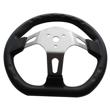 Steering Wheel with Cap & Flat Side for 48V 1000W Electric Go-Karts, featuring black leather trim, silver metal spokes, and a black plastic cap, ideal for replacing old go-kart or dune buggy wheels.