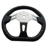 Steering Wheel with Center Cap for the Massimo GKM125 Go-Kart, featuring black leather trim, silver metal spokes, and a flat bottom designed to provide extra knee room.