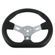 Go-Kart Steering Wheel with Cap & Flat Side for Kandi Go-Karts featuring black material, silver metal spokes, and a flat lower side, suitable for various go-kart models including Kandi, Hammerhead, and TaoTao.