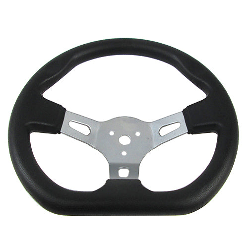 Go-Kart Steering Wheel with Cap & Flat Side for Kandi Go-Karts featuring black material, silver metal spokes, and a flat lower side, suitable for various go-kart models including Kandi, Hammerhead, and TaoTao.