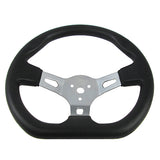 Steering Wheel with Center Cap for the Massimo GKM125 Go-Kart, featuring black design with silver metal spokes and a flat bottom for extra knee room, perfect for replacing old go-kart wheels.