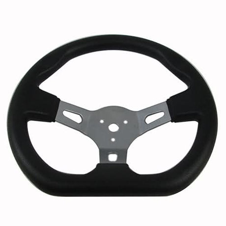 Go-Kart Steering Wheel with Flat Side (Blemished) featuring black design, silver metal spokes, and missing decorative center cap; compatible with Kandi, Hammerhead, Roketa, TaoTao, JCL, SUNL, and more.